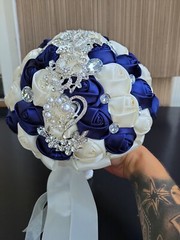 8″ Navy Blue Satin Rose Bridal Wedding Brooch Bouquet with Sparkle Rhinestones
