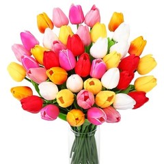 48 Pcs Artificial Tulips Fake Flower Bouquet PU Real Touch Mixed Colors Easter