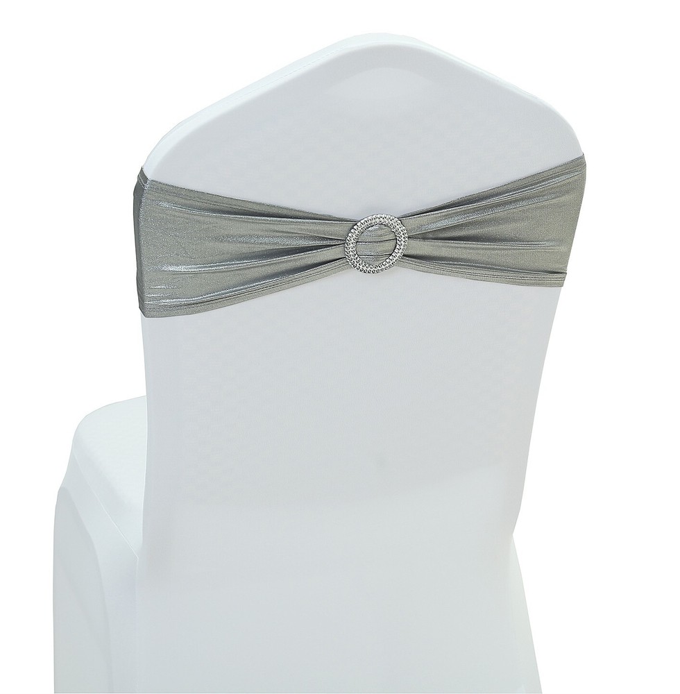 Metallic Silver, Spandex Stretch Chair Sashes Bow with Slider Buckle for Wedding