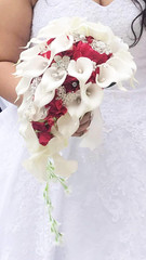Romantic Red Calla Lily & Rose Bridal Bouquet with Pearls & Diamonds