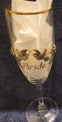 Rawcliffe Bride & Groom Champagne Flutes Pewter Doves Flowers Ribbons Gold