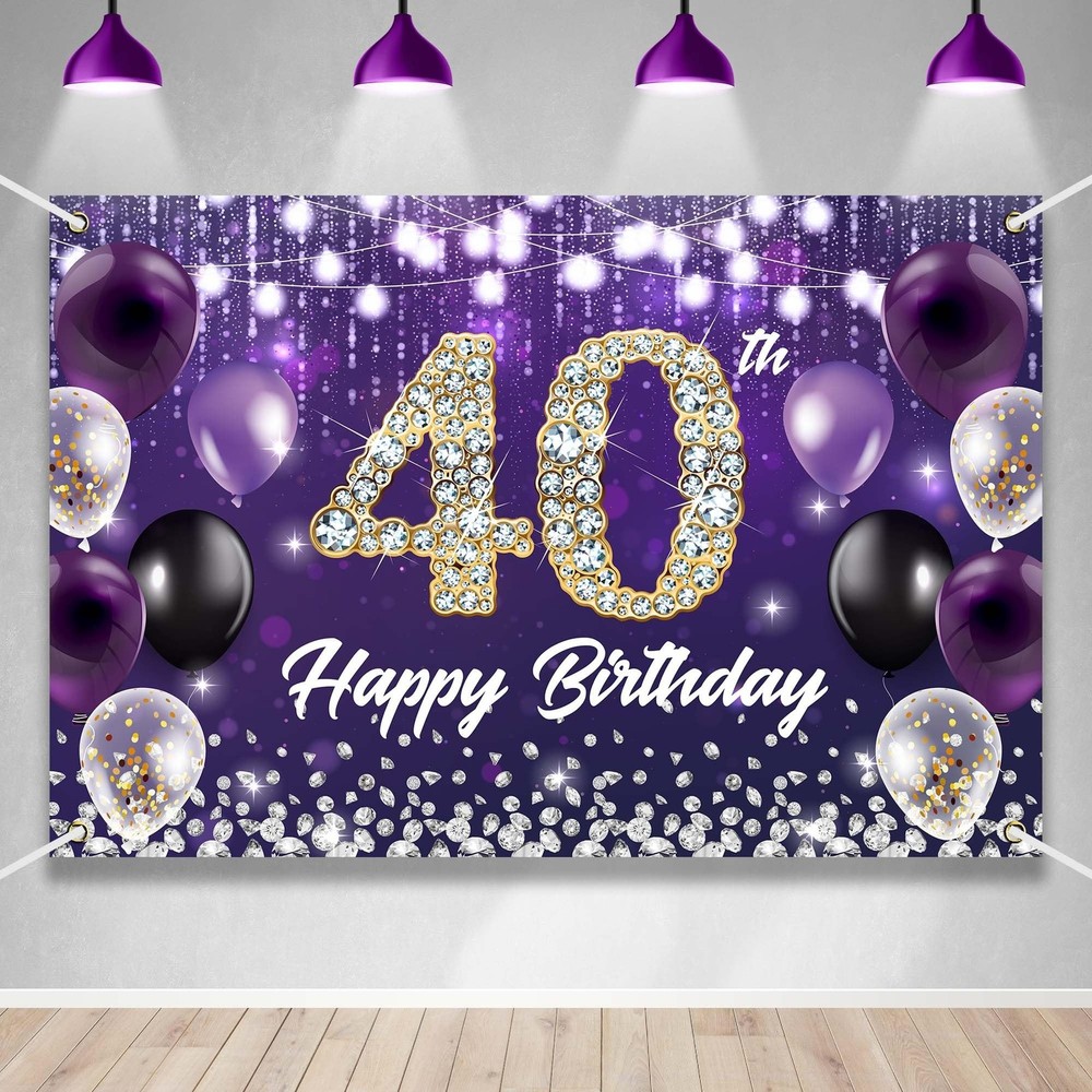 Large Happy 40th Birthday Backdrop Banner Purple Theme Decor With Shiny Diamo…