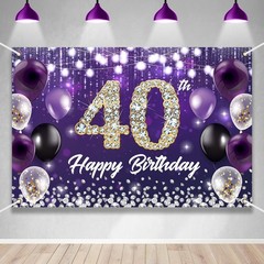 Large Happy 40th Birthday Backdrop Banner Purple Theme Decor With Shiny Diamo…