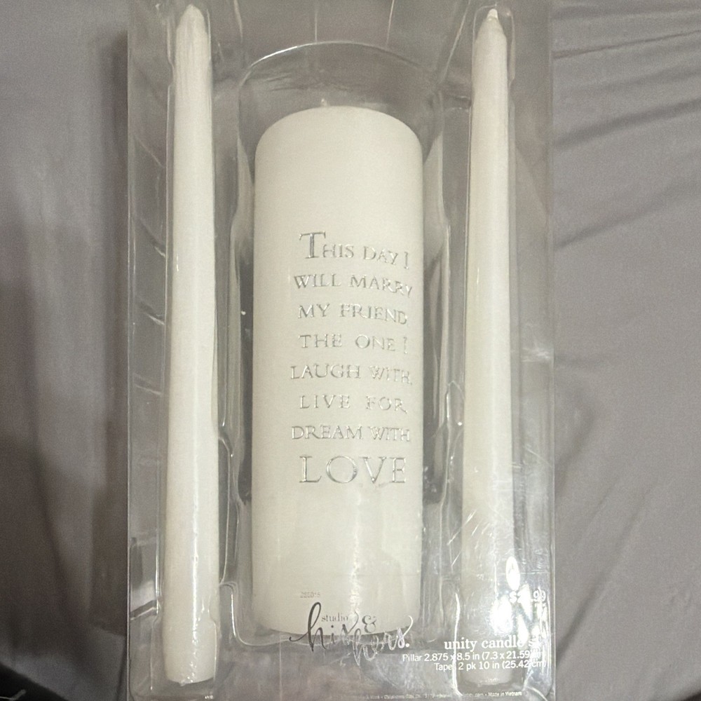 Studio His & Hers Wedding Unity Candle Set, White Pillar & 2 Tapers (3 Pack)