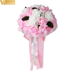 Wedding Bouquet Bridal Bridesmaid Artificial Silk Rose Flowers with Lace Fake Fl
