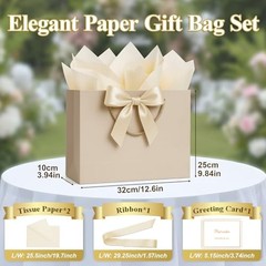 Gift Bags Medium with Handles with Ribbon 1 count (Pack of 1) Champagne Beige