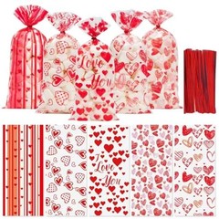 100 Pcs Valentine Treat Bags – Red Heart Cellophane Goodie Bags, Valentines