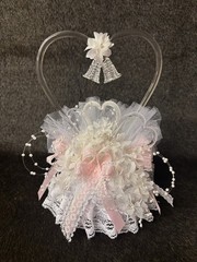 Blown Glass Bells Wedding Cake Topper White Pink Lace 8.5” Tall