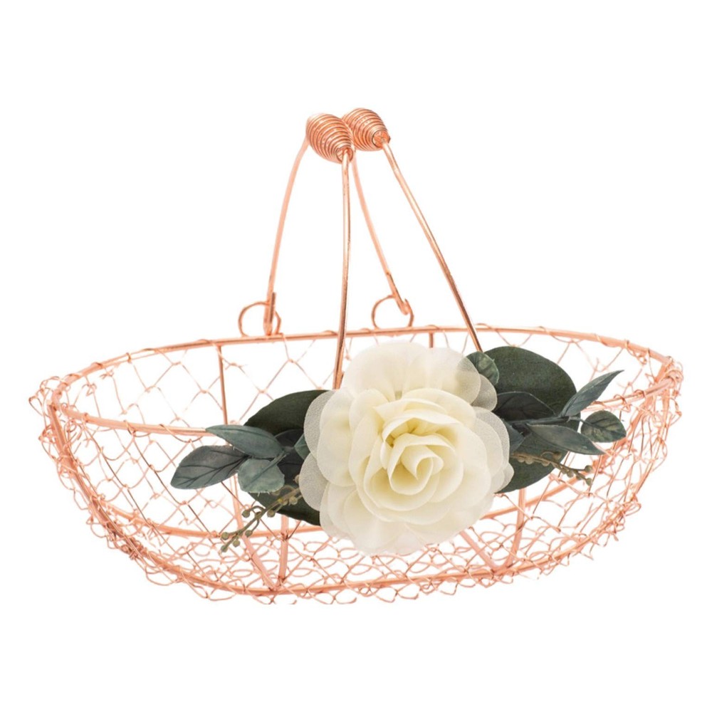 Ragga Wedding Rose Gold Flower Girl Basket Copper Colored Wire And Eucalyptus