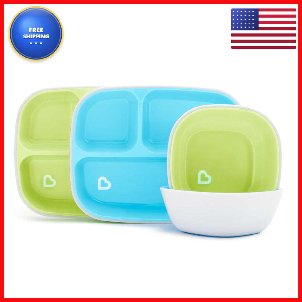 Munchkin Splash 4 Piece Toddler Divided Plate And Bowl Dining Set Blue/Green
