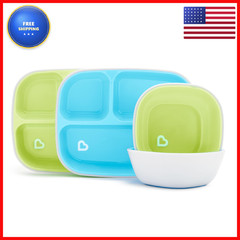 Munchkin Splash 4 Piece Toddler Divided Plate And Bowl Dining Set Blue/Green