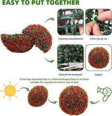 2-Pack Artificial Flower Ball Topiary, UV Resistant, Wedding Garden Decor, Red