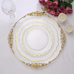 20 CLEAR 8″ Round Plastic Dinner Plates GOLD Scalloped Rim Events Wedding