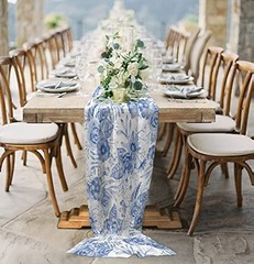 Chiffon Table Runner Floral Pattern Blue and Chinese style9712 27×120 Inch