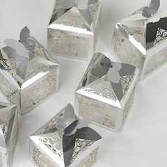 SILVER 25 Lacer Cut Lace Design FAVOR BOXES with Butterfly Top Party Decorations