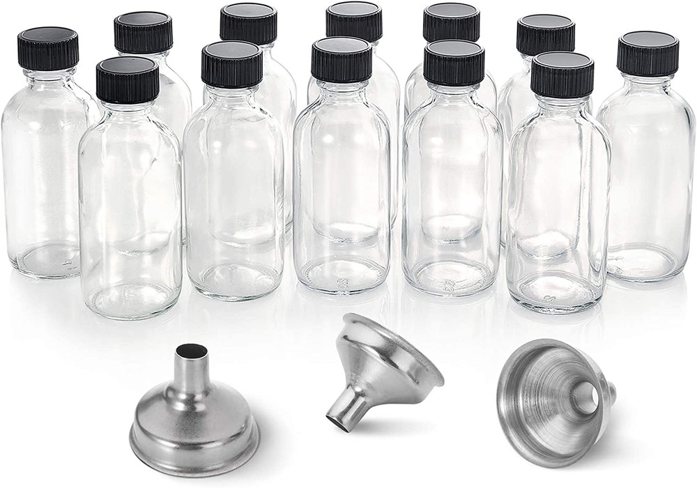 12 Pack, 2 Oz Small Clear Glass Bottles W/Lid & 3 Funnels – 60Ml Boston Shot Bot