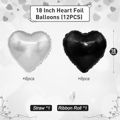 Heart Balloons, 18Inch Silver and Black Heart Foil Balloons, 12PCS Black Silver