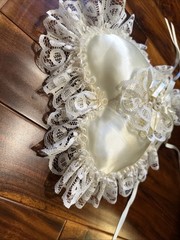 Ring Bearer Pillow Heart Lace Satin Ribbon Ceramic Flower Floral w/ Box