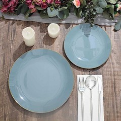 DUSTY BLUE 10 Glossy 8″ Round Plastic Salad PLATES Gold Rim Party Events