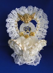 New 50th Wedding Anniversary Cake topper with Bells, Cherub Lace & Gold Beads #7