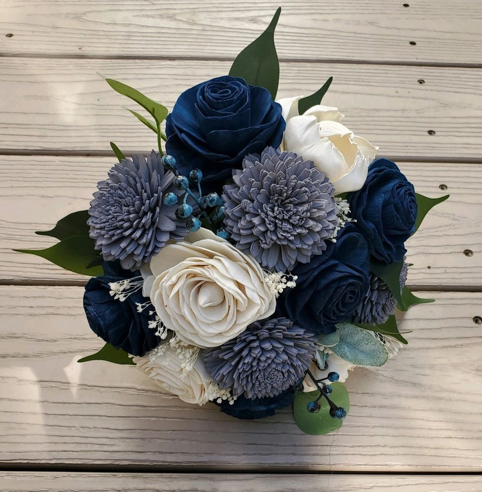 Navy Blue Gray Bridal Bouquet White Sola Wood Artificial Wedding Flowers Bride