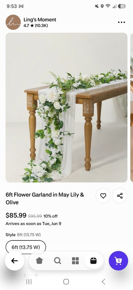 Ling’s Moment Artificial Floral Wedding Garland Green/White 6ft 4pc 13.75W