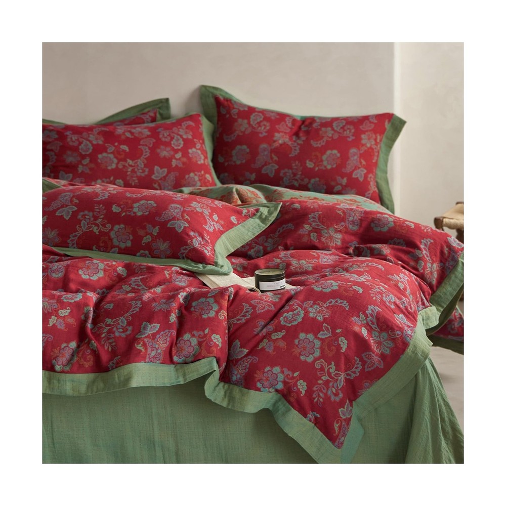 MKXI Red Floral Queen Duvet Cover Set Cotton Guaze Textured Shabby Chic Flowe…