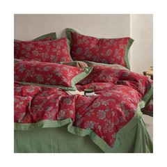 MKXI Red Floral Queen Duvet Cover Set Cotton Guaze Textured Shabby Chic Flowe…