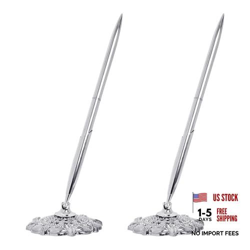 Silver 2 Pcs Hollow Round Pen Holder Set for Signing & Ballpoint Pens