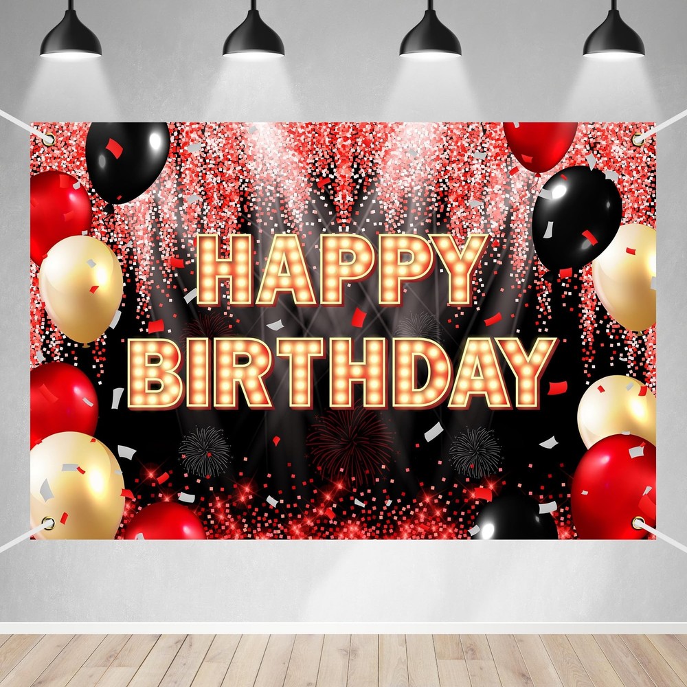 Happy Birthday Backdrop Banner Black and Red Theme Background with Neon Shiny…