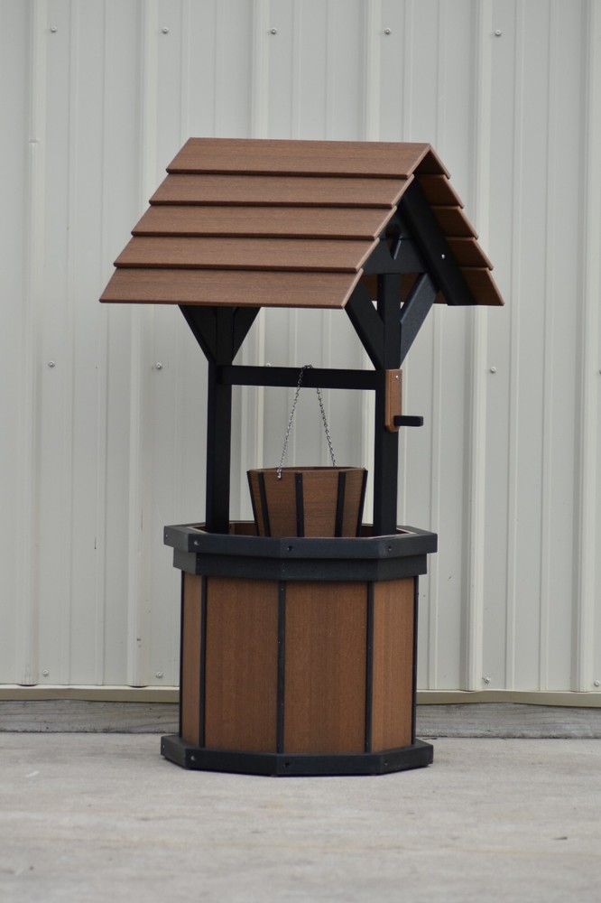 4 ft. Poly Wishing Well; w Planter Bucket; Wood Looking, Antique Mahogany/Black