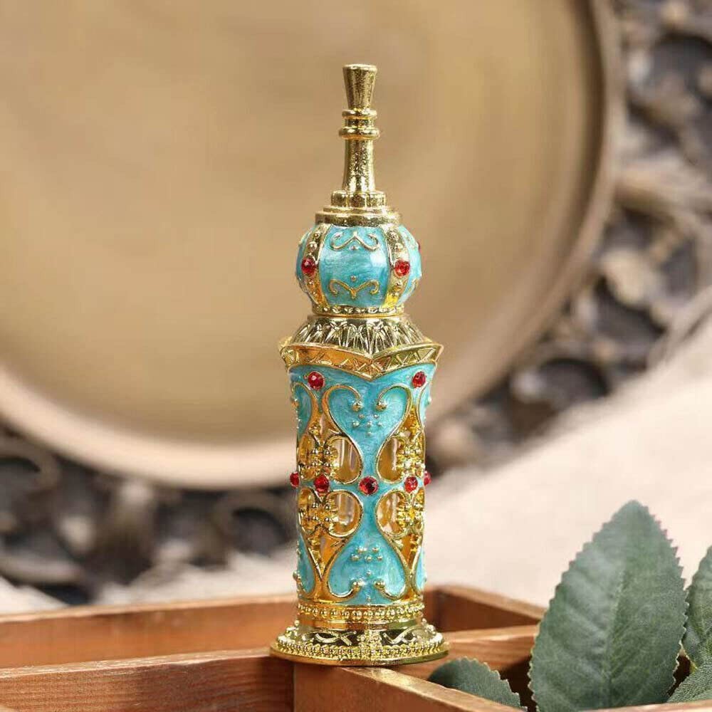 Vintage Enamel Peacock Blue Perfume Bottle Hollow Metal 0.4 Ounces,
