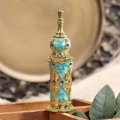Vintage Enamel Peacock Blue Perfume Bottle Hollow Metal 0.4 Ounces,