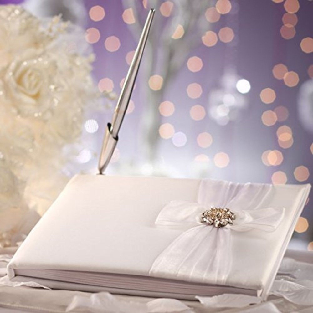 NIB VICTORIA LYNN WHITE GUEST BOOK & PEN SET ORGANZA BOW CROSS SHAPED BEAUTIFUL!