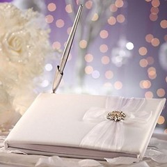 NIB VICTORIA LYNN WHITE GUEST BOOK & PEN SET ORGANZA BOW CROSS SHAPED BEAUTIFUL!