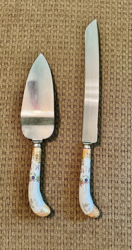 Vintage Cake Server & Knife Set | Porcelain Handles | Stainless
