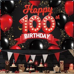 Happy 100th Birthday Red and Black Banner Backdrop Decorations Balloons Theme…