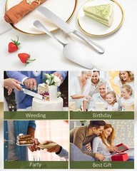 2-Piece Premium Cake Cutting Set, Knife and Server with Serrated Design (Silver)