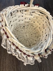 White Flower Girl Heart Shaped Woven Basket Lace Roses Beaded Ribbon Cottagecore