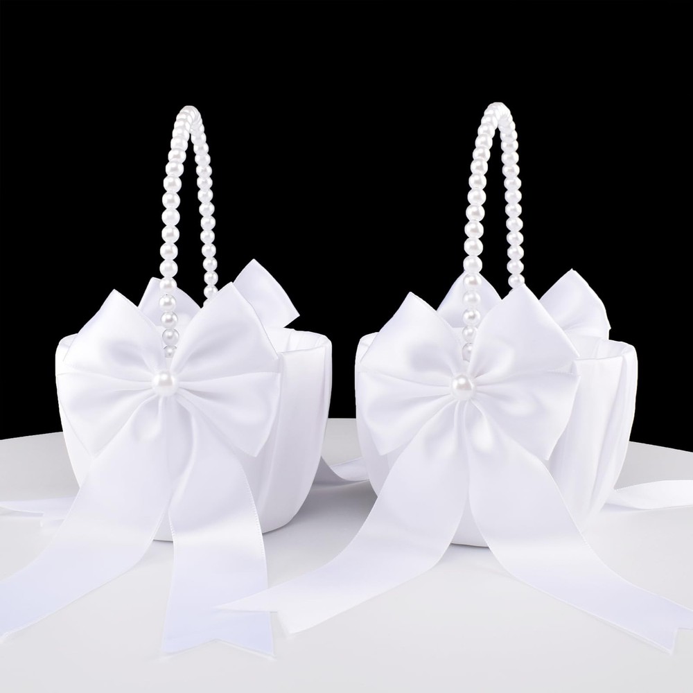 2 PCS White Wedding Flower Girl Basket Pearl Handle Cute Flower Basket