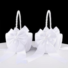 2 PCS White Wedding Flower Girl Basket Pearl Handle Cute Flower Basket