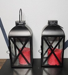 Set of 2 Black Decorative Candle Lanterns Aluminum Metal And Glass With Candles