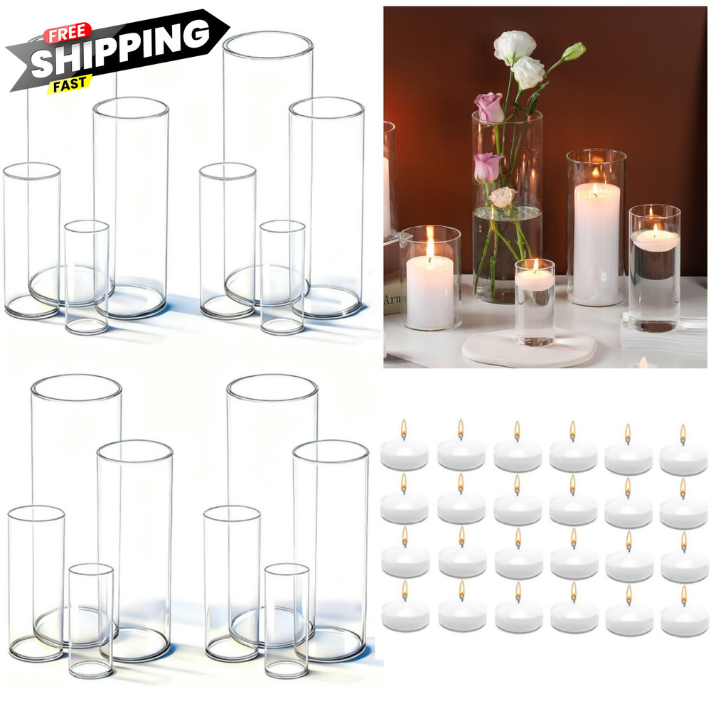 UDU Set of 16 Cylinder Glass Vases and 16 Pack(4,6,8,10 Inch ), Clear,white