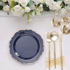 20 NAVY BLUE 8″ Round Plastic Dinner Plates GOLD Scalloped Rim Events Wedding