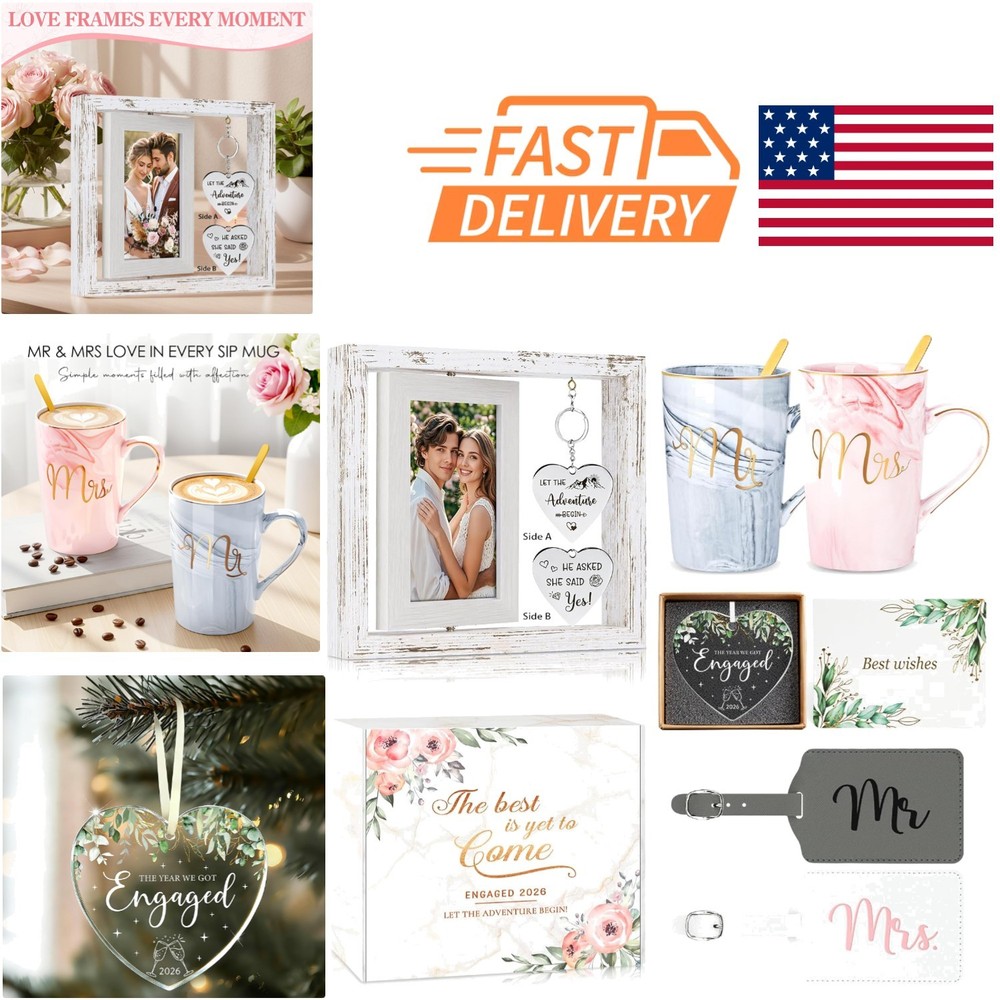 Engagement Gift Set for Couples with Picture Frame and Coffee Mugs for Newlyweds