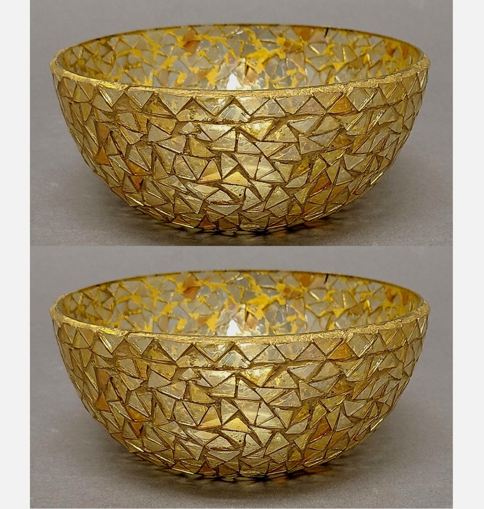 Compote Bowl Vase Mosaic Amber Color Triangle Glass Chips 6″Dia 2.5″High Set/2