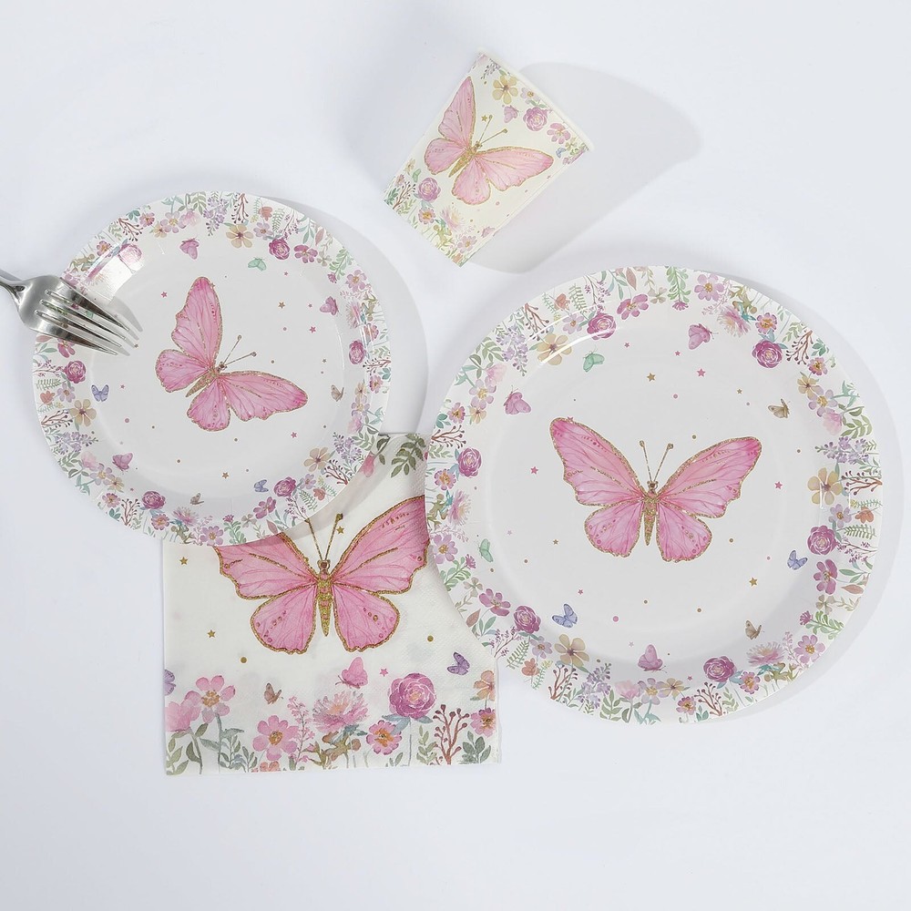 96 WHITE PINK Butterfly Print Disposable TABLEWARE Set Party Events Decorations