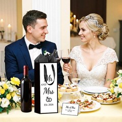 Wedding Wine Gift Bag with Tissue 1 count (Pack of 1), black white wine bag