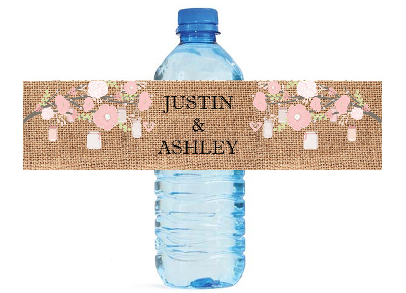Burlap & Pink Flowers and Mason Jars Wedding Party birthday Water Bottle Labels