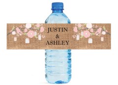 Burlap & Pink Flowers and Mason Jars Wedding Party birthday Water Bottle Labels
